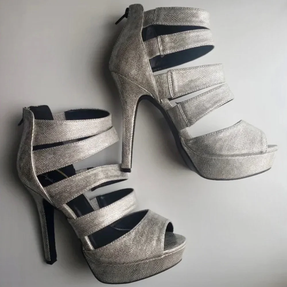 Silver Vegan Leather Strappy Platform Peep Toe Shoe
